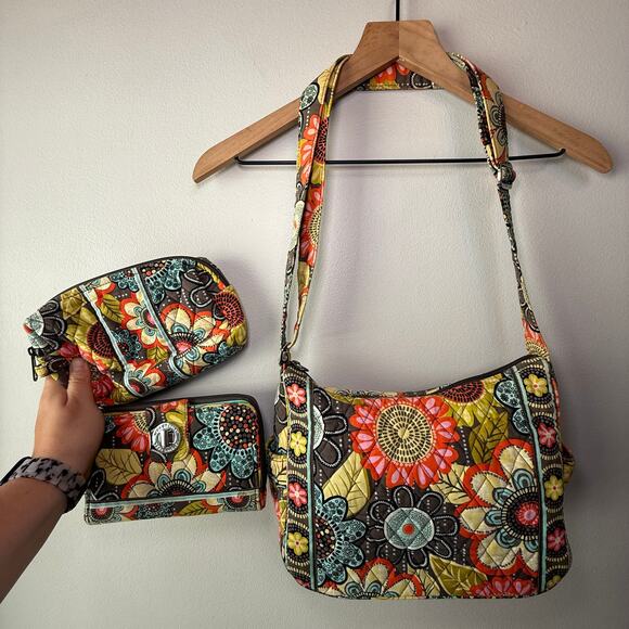 Vera Bradley Flower Shower Quilted Shoulder Bag Turn Lock Wallet & Zip Pouch - Picture 1 of 16